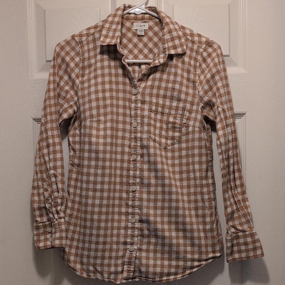 J. Crew Brown and White Gingham Button Down Shirt